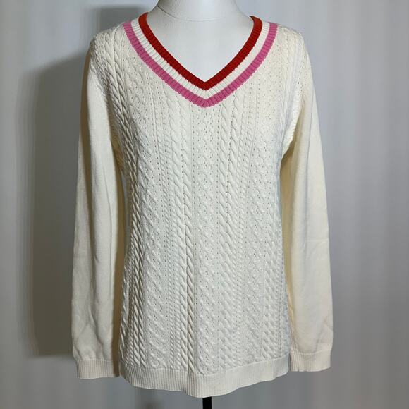 Talbots Ivory Pink Red Cable Knit Pointelle V-Neck Sweater Womens Size Small S - Picture 1 of 10